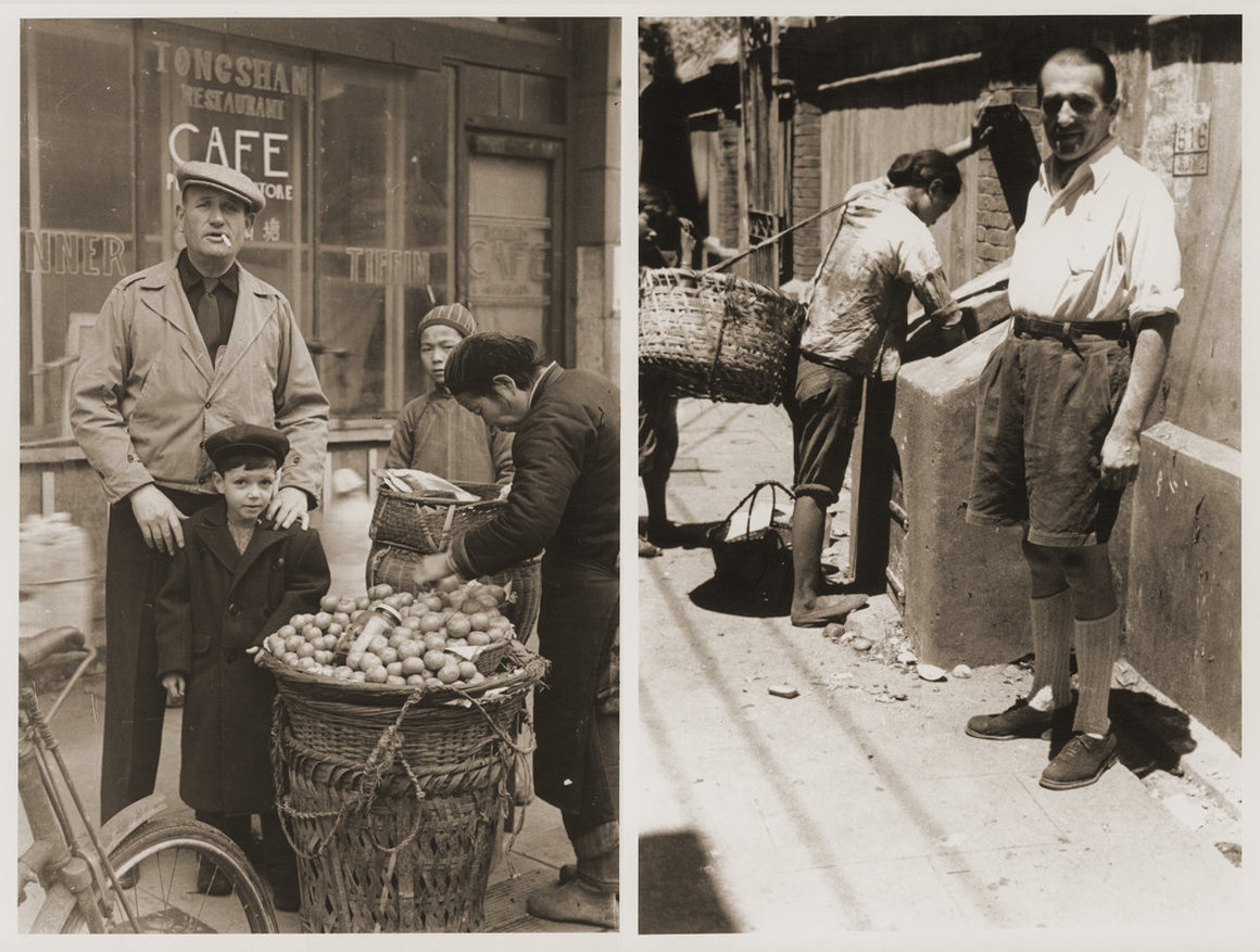 From left: Jewish refugees Harry Fiedler and Heim Leiter pose next to a potato vendor in Shanghai; a Jewish refugee poses on Tongshan Road in Shanghai.