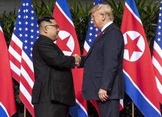 Toward a Second North Korean Summit: Adjusting US Expectations Kim and Trump shaking hands at the red carpet during the DPRK–USA Singapore Summit by Shealah Craighead. Public domain via Wikimedia Commons.