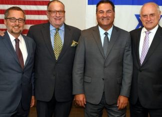 Israel Bonds taps new board chair in unanimous vote At Israel Bonds headquarters in New York are (from left) Arthur Stark, chairman of the Conference of Presidents of Major American Jewish Organizations; Howard Goldstein, board chairman of Israel Bonds; Israel Maimon, president and CEO of Israel Bonds; and longtime Conference of Presidents CEO Malcolm Hoenlein. Photo by Shahar Azran.