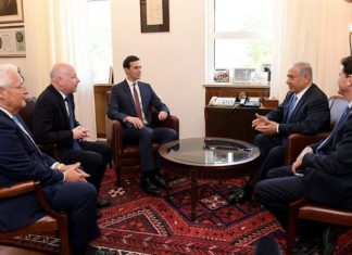 Trump administration reportedly ramping up Israeli-Palestinian peace plan From left: U.S. Ambassador to Israel David Friedman, Special Middle East envoy Jason Greenblatt, White House adviser Jared Kushner, Israeli Prime Minister Benjamin Netanyahu and Israeli Ambassador to the United States Ron Dermer, meeting in Jerusalem on June 22, 2018. Credit: U.S. Embassy in Israel.