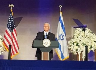 Pence pressures Paraguayan president to reconsider Israel-embassy reversal U.S. Vice President Mike Pence at the celebration marking the opening of the U.S. embassy in Jerusalem and Israel’s 70th anniversary in Washington, D.C. on May 14, 2018. Credit: Israeli Embassy.