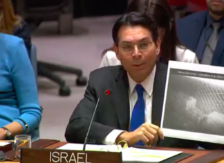 Israel’s UN ambassador resigns to run for Knesset Israeli Ambassador to the United Nations Danny Danon at a special session of the U.N. Security Council on Dec. 19, 2018, shows an aerial photograph of the southern part of Kfar Kila, where an underground terror tunnel crossed the border into Israel. Credit: Screenshot.