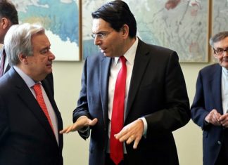 Danon at UN on Holocaust remembrance: ‘Apathy is the enemy of humanity’ Israeli Ambassador to the United Nations Danny Danon (right) talks with U.N. Secretary General António Guterres. Credit: Israel at the UN.