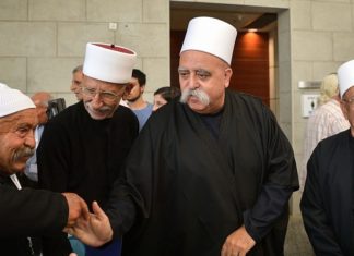 ‘We will not change nation-state law,’ Israel’s justice minister tells Druze Shaykh Muwaffak Tarif (center), spiritual leader of the Israeli Druze community, attends a conference of the Zionist Druze Movement in Herzliya on July 16, 2018. Photo by Flash90.