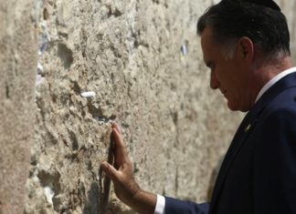 Romney, in Israel, speaks with Netanyahu by phone during Passover holiday U.S. Sen. Mitt Romney (R-Utah) at the Western Wall during a trip to Israel. Photo by Flash90.