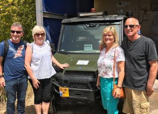 International Christian Embassy donates bomb shelters, protective vests An ICEJ delegation visited Israeli communities along the Gaza border and viewed a new specially designed ATV security vehicle donated through the ICEJ to a local moshav. Credit: ICEJ.