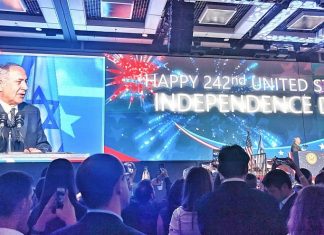 Official US Independence Day celebrations to take place in Jerusalem for first time Israeli Prime Minister Benjamin Netanyahu addresses guests at the official 242nd U.S. Independence Day celebration at Airport City in Lod on July 3, 2018. Photo: Yishai Fleisher.