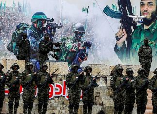 Hamas and Islamic Jihad praise ‘heroic fighters’ who murdered Israeli student Palestinian members of the Al-Qassam Brigades, the armed wing of Hamas, at a rally in Gaza City celebrating the 31st anniversary of Hamas on Dec. 16, 2018. Credit: Abed Rahim Khatib/Flash90.
