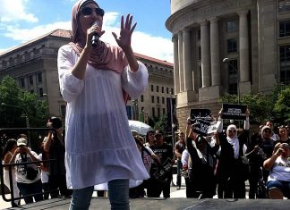 The ‘first Jewish’ president’s anti-Semitic surrogate Linda Sarsour speaks at the Women Disobey protest against U.S. Immigration and Customs Enforcement's (ICE) “zero tolerance” policy separation children and families at the Mexico border, June 28, 2018. Credit: Wikimedia Commons.