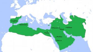 The Umayyad Caliphate at its greatest extent in AD 750. Credit: Wikipedia Commons
