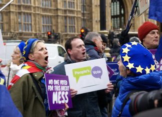 Britain, Brexit and the ripple effect on identity politics and anti-Semitism Flags and placards at the People's Vote March in London on March 23, 2019. Credit: Andrew Gray via Wikimedia Commons.
