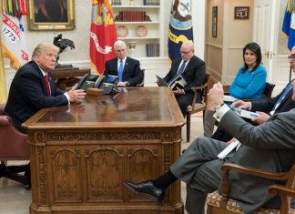 The ‘deep state’ fought Israel and lost U.S. President Donald Trump, joined by Vice President Mike Pence, meets with U.S. Ambassador to the United Nation Nikki Haley, Secretary of State Rex Tillerson and Secretary of the Treasury Steve Mnuchin in the Oval Office at the White House on Jan. 10, 2018. Credit: Official White House photo by D. Myles Cullen.