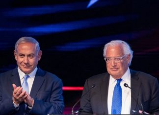 Netanyahu bids farewell, says ‘never a better US Ambassador than David Friedman’ U.S. Ambassador to Israel David Friedman and Israeli Prime Minister Benjamin Netanyahu mark one year since the transfer of the U.S. embassy from Tel Aviv to Jerusalem on May 14, 2019. Photo by Yonatan Sindel/Flash90.