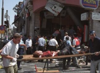 Two decades after Sbarro suicide bombing, survivors’ scars are still healing The aftermath of the suicide bombing at the Sbarro pizzeria in Jerusalem on Aug. 9, 2001, that killed 15 people, including two Americans, and wounded around 130 others. Photo by Flash90.