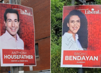 B’nai Brith Canada calls slew of swastika vandalism around the country ‘reprehensible and unacceptable’ The election Jewish MPs in Montreal targeted with anti-Semitic graffiti. Credit: Friends of Simon Wisenthal Center.