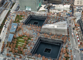 Jewish community recalls 9/11 with service projects, prayer, concert, memorial walk An aerial view of the 9/11 Memorial Museum in Lower Manhattan. Credit: Nick Starichenko/Shutterstock.