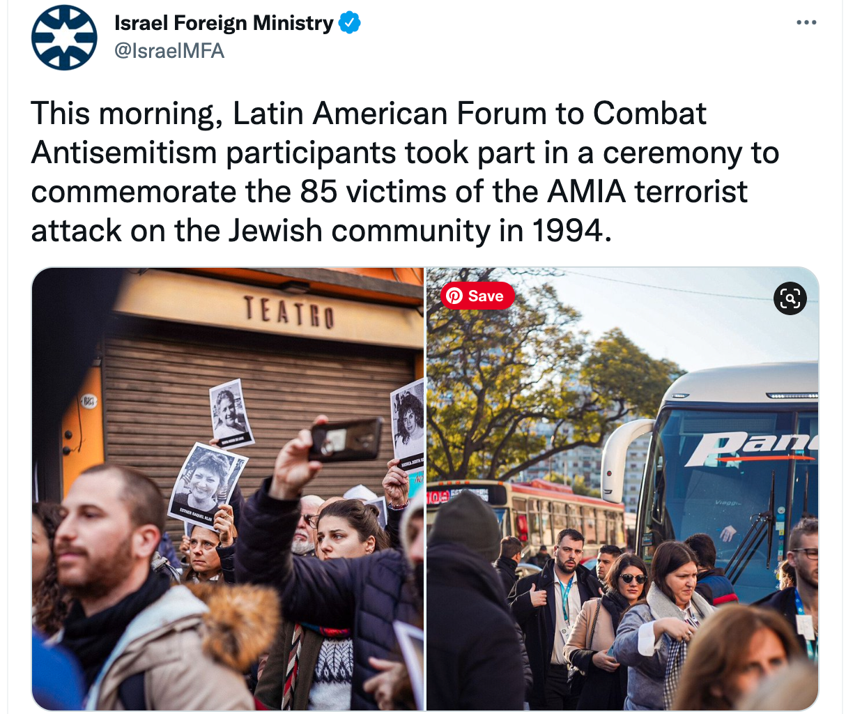 The Israeli Foreign Ministry participated in an event to honor victims of the 1994 AMIA bombing in Buenos Aires on July 18, 2022. Source: Twitter.