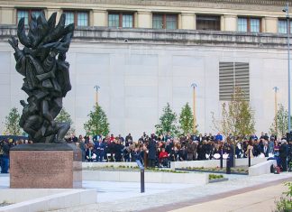 Open call for artists to design mural for Philadelphia Holocaust memorial The dedication of the Horwitz-Wasserman Holocaust Memorial Plaza at 16th and Arch Streets on the Benjamin Franklin Parkway in Philadelphia. The sculpture on the left, Monument to Six Million Jewish Martyrs by Holocaust survivor Nathan Rapoport, was originally dedicated at this site in 1964. Credit: Campramah via Wikimedia Commons.