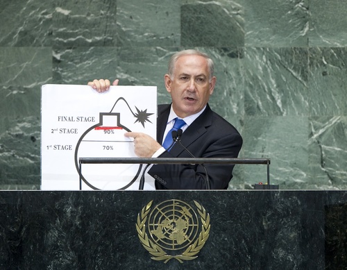 Israeli Prime Minister of Israel Benjamin Netanyahu points to a bomb cartoon that illustrated his take on Iranian nuclear development when he addressed the 67th session of the U.N. General Assembly. Credit: U.N. Photo/J Carrier.