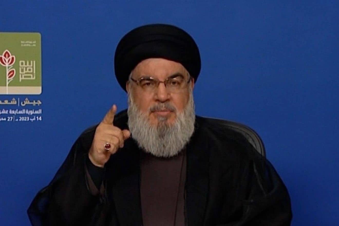 Hezbollah Secretary General Hassan Nasrallah during a televised address marking the 17th anniversary of the end of the Second Lebanon War, Aug. 14, 2023. Source: X/formerly Twitter.