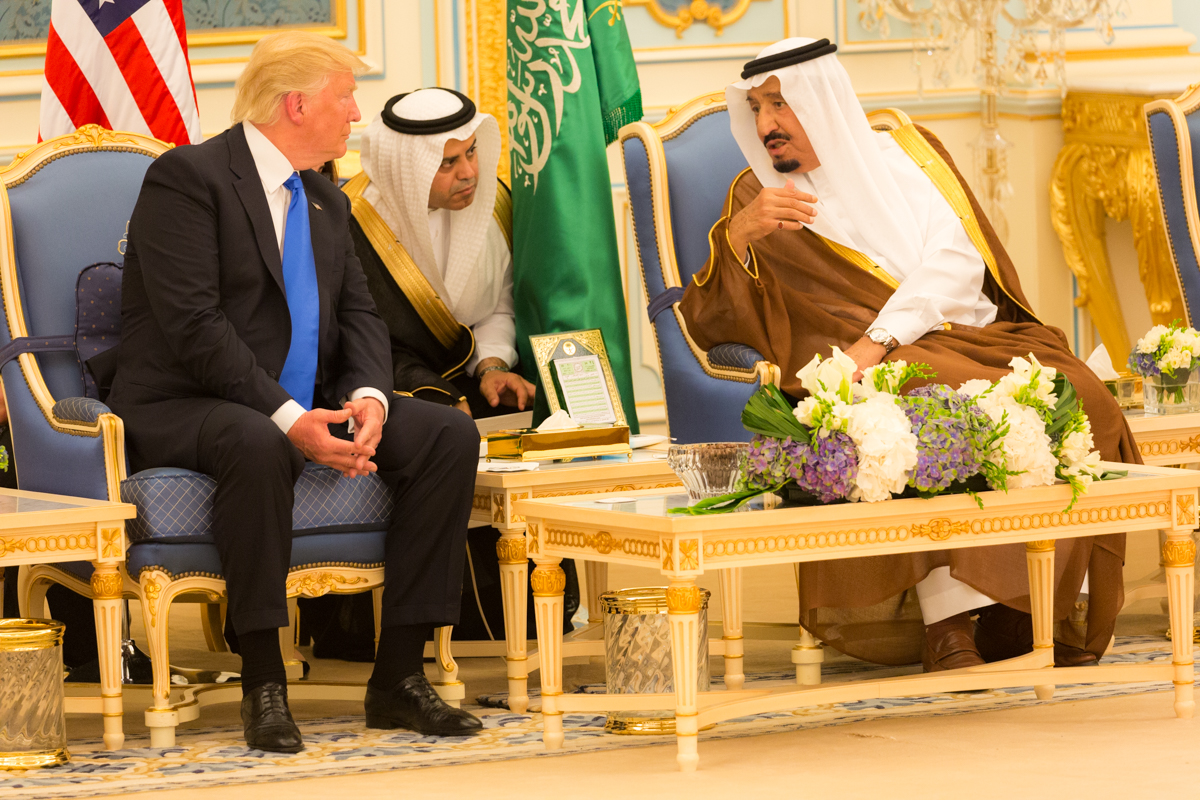 Former President Donald Trump and King Salman bin Abdulaziz Al Saud of Saudi Arabia talk together during ceremonies at the Royal Court Palace in Riyadh, Saudi Arabia, on May 20, 2017. Credit: Official White House Photo Shealah Craighead.