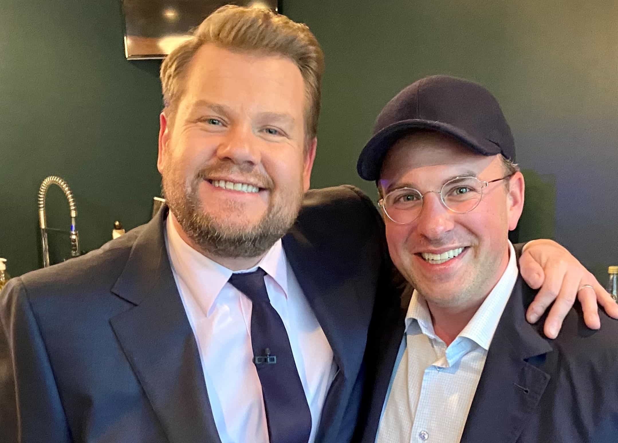 Israel Schachter with actor and comedian James Corden at The Late Late Show with James Corden in Los Angeles. Credit: Courtesy.