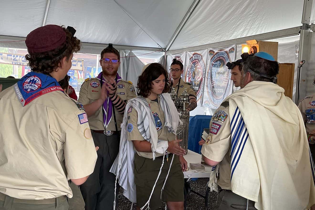 Gabriel Greengas, 14, celebrates his bar mitzvah at the 2023 National Scout Jamboree in Glen Jean, W.V., July 24, 2023. Photo by the National Boy Scouts of America (BSA).