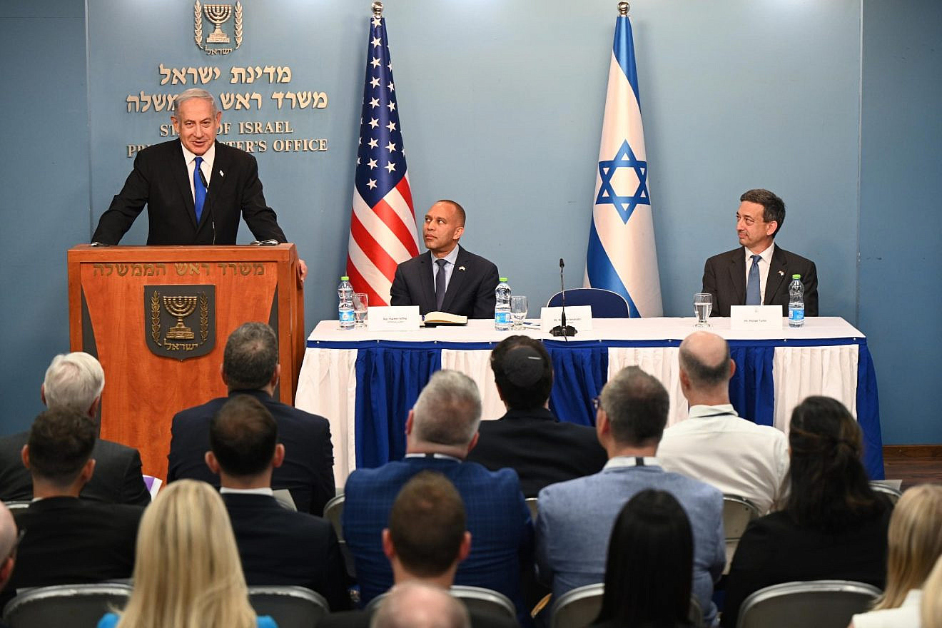 Israeli Prime Minister Benjamin Netanyahu speaks to a delegation of Democrats from the U.S. House of Representatives in Jerusalem, Aug. 7, 2023. Photo by Haim Tzach/GPO.