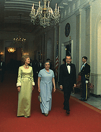 Israeli Prime Minister Golda Meir with U.S. President Richard Nixon and his wife, Pat, in 1973 in Washington, D.C. Credit: National Archives via Wikimedia Commons.