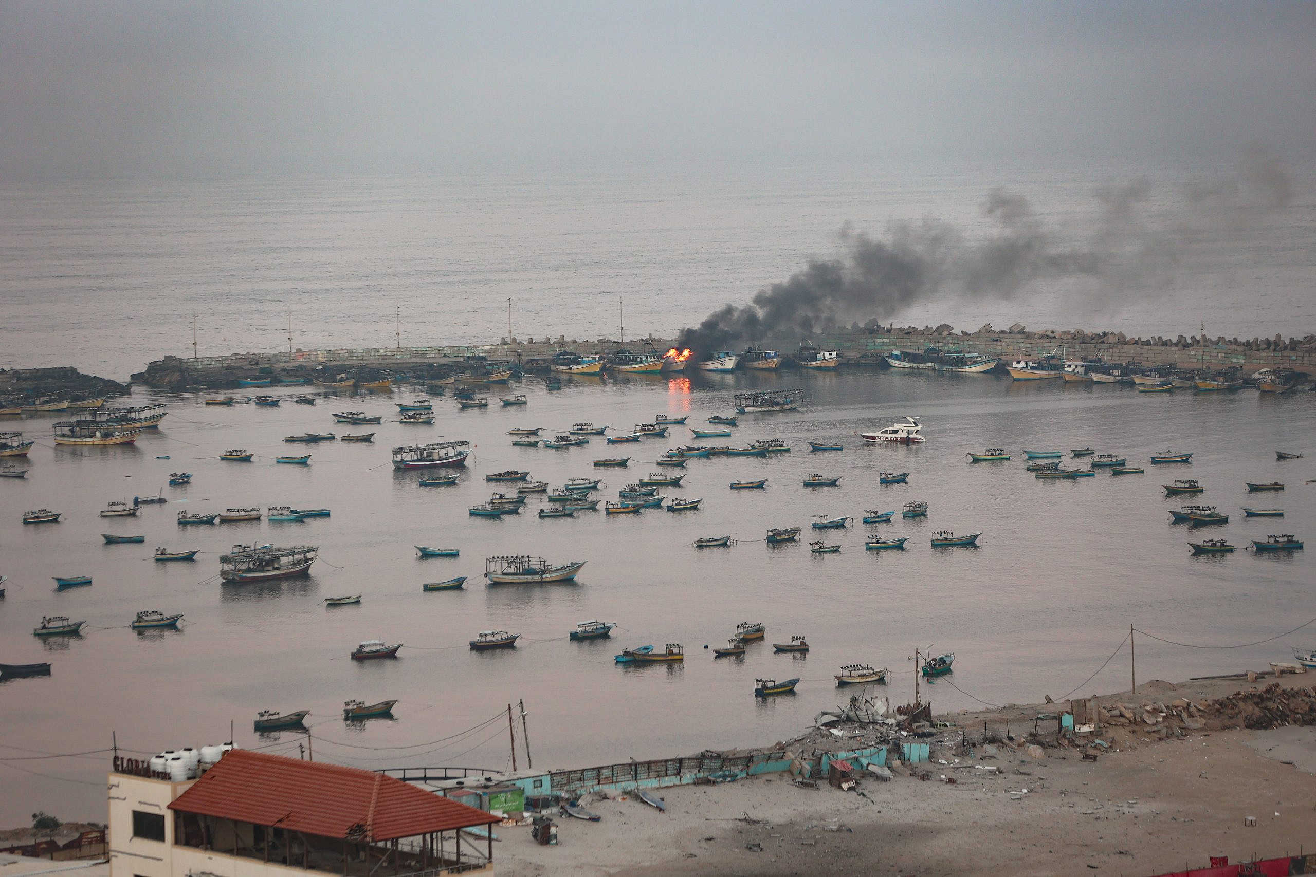 Smoke rises after an Israeli airstrike on the Gaza port on Oct. 12, 2023. Photo by Atia Mohammed/Flash90.