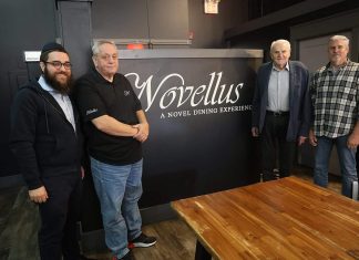 St. Louis-area restaurant going kosher for a day, proceeds headed for Israel In the Novellus restaurant dining room are (from left): Rabbi Chaim Landa, Joe Ancmon, Bob Affholder and Brett Affholder, October 2023. Photo by Bill Motchan.