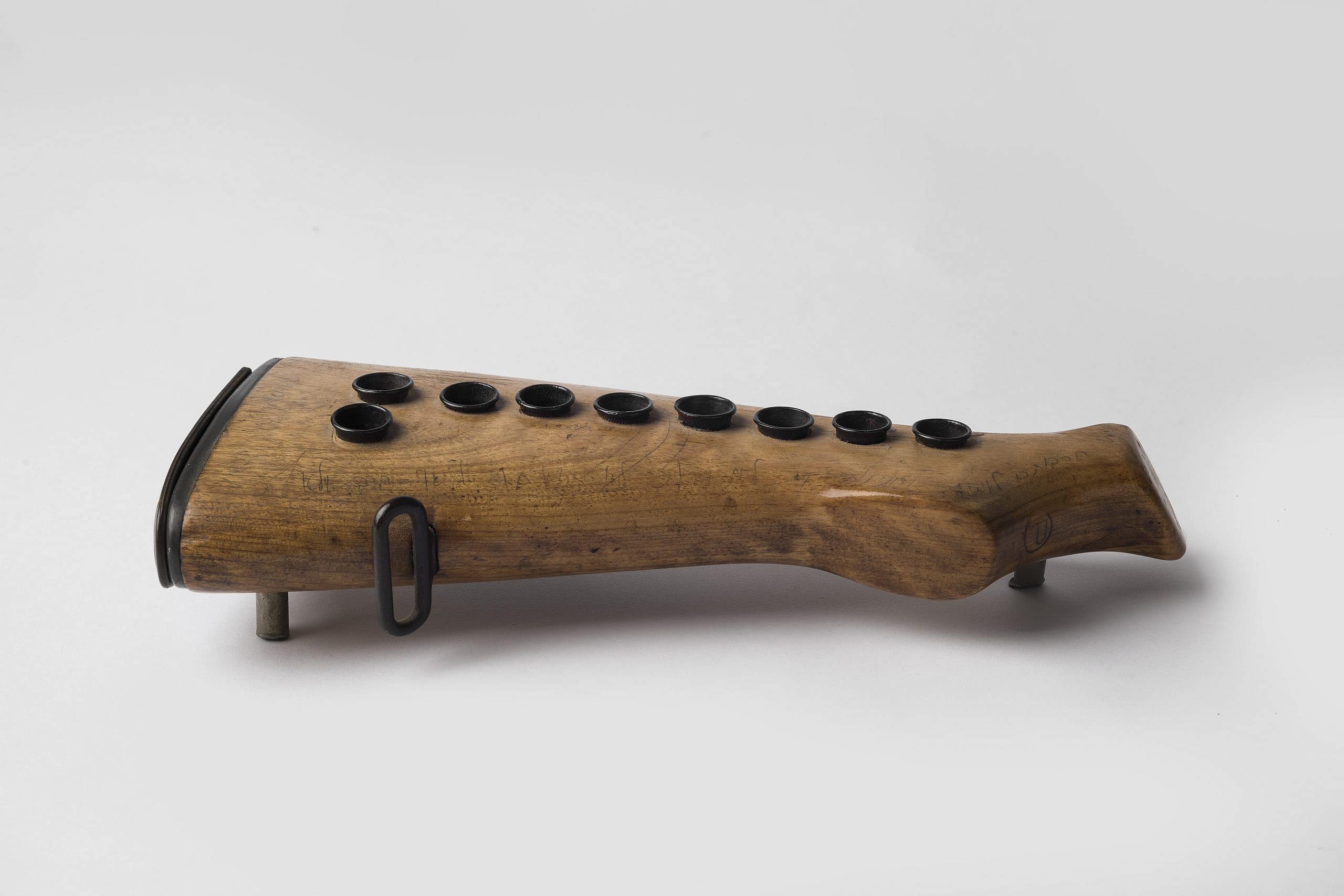 A Chanukah lamp made from a rifle butt, as featured at the Israel Museum in Jerusalem. Photo by Laura Lachman.