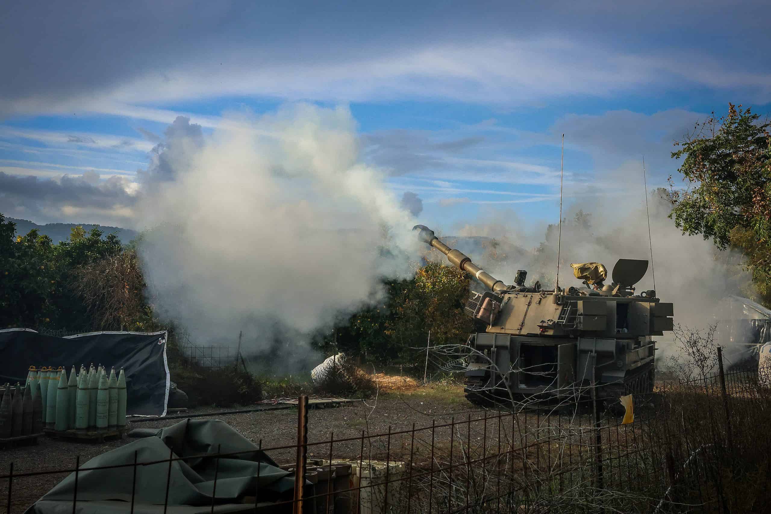 An IDF artillery unit stationed near Israel’s northern border with Lebanon, Dec. 12, 2023. Photo by David Cohen/Flash90.