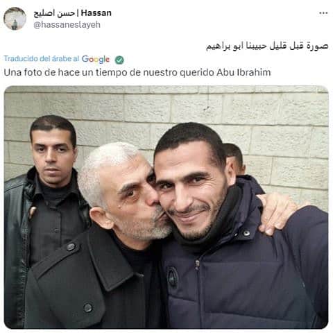 Hamas senior leader Yahya Sinwar kisses freelance photojournalist Hassan Eslayeh following the Oct. 7 terrorist attacks in southern Israel. Source: X/Hassan Eslayeh. Source: X/Hassan Eslayeh.