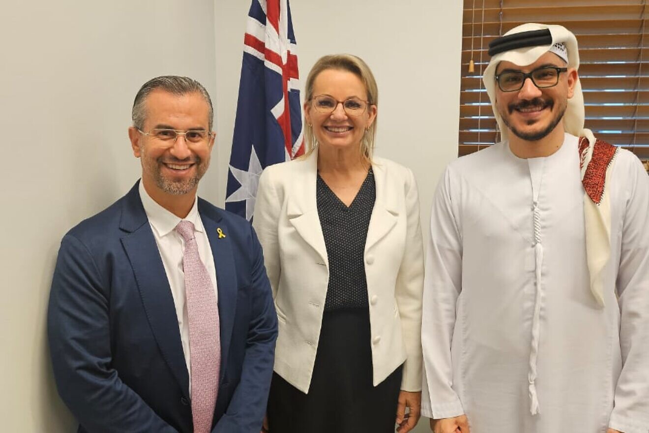 Jewish businessman Eitan Neishlos (left) and Emirati strategist Amjad Tahad (right) meet with Australian Shadow Deputy Prime Minister Susan Ley in Canberra, Australia, on Nov. 5, 2024. Credit: Courtesy.