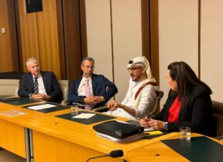 A Muslim and a Jew from Dubai spread message of coexistence in Australia Jewish businessman Eitan Neishlos (second from left) and Emirati strategist Amjad Tahad (second from right) meet with Australian Israel Parliamentary Group Senators Debra O'Neill and David Fawcett in Canberra, Australia, Nov. 5, 2024. Credit: Courtesy.