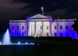 White House denounces murder of Chabad rabbi in UAE ‘in strongest terms’ The White House is illuminated in blue and white in solidarity with Israel after Hamas's Oct. 7, 2023 terror attack, Oct. 9, 2023. Credit: Adam Schultz/White House.