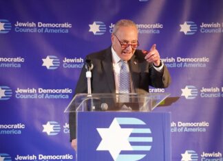 When the ‘guardian of Israel’ goes missing Senate Majority Leader Chuck Schumer (D-N.Y.) at the Jewish Democratic Council of America’s 2024 Leadership Summit, May 20, 2024. Credit: Jewish Democratic Council of America.